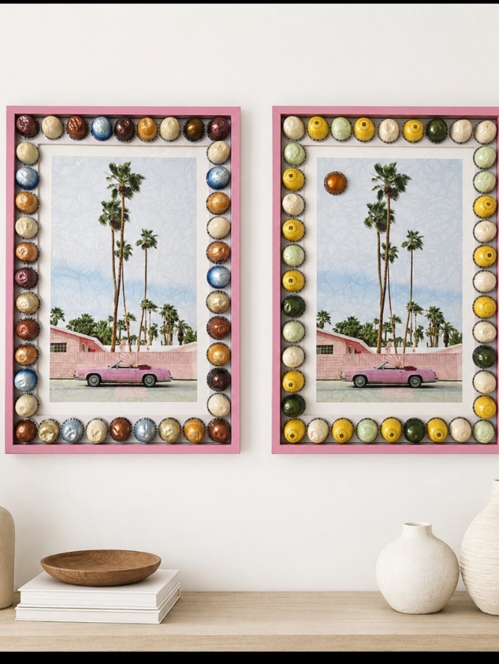 of 2 Handmade Nespresso Capsule Wall Art Frames – Pink Palm Tree Decor